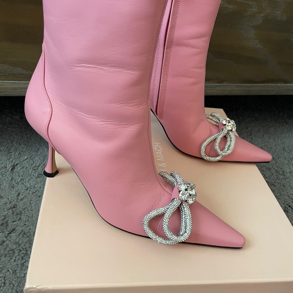 MACH & MACH Pink Leather Double Bow Crystal Bootie - Picture 6 of 11